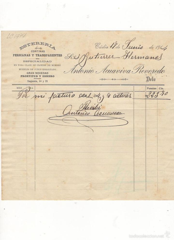 Factures anciennes: FACTURA. ANTONIO ACUAVIVA REVOREDO, ESTERERIA, CORTINAS Y PERSIANAS, CADIZ, 1914.