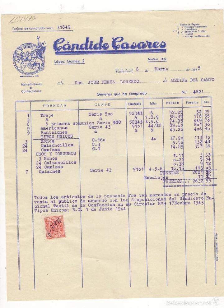 Factures anciennes: FACTURA. CANDIDO  CASARES, CONFECCIONES PARA CABALLEROS Y NI&Ntilde;OS, VALLADOLID, 1945.