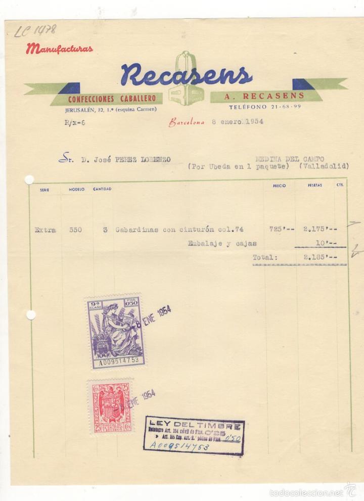 Factures anciennes: FACTURA. MANUFACTURAS RECASENS, CONFECCIONES PARA CABALLEROS Y NI&Ntilde;OS, BARCELONA, 1954.