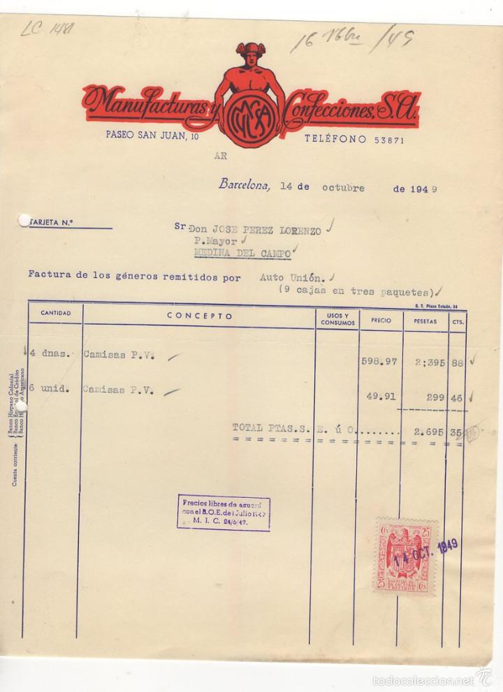 Factures anciennes: FACTURA. MANUFACTURAS Y CONFECCIONES, S.A., BARCELONA, 1949.