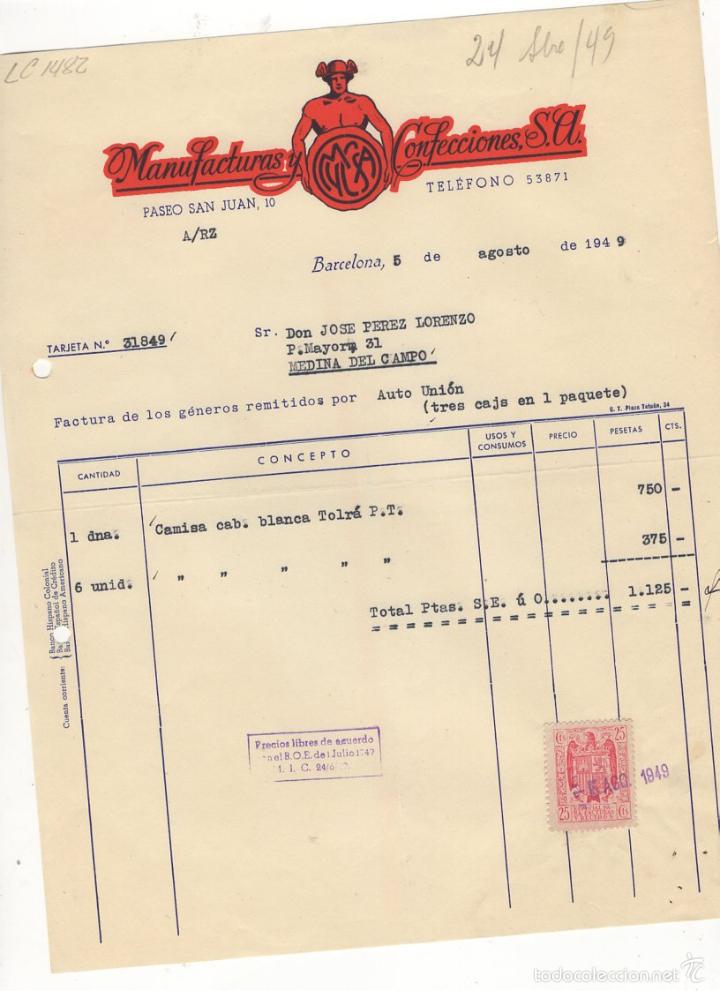 Factures anciennes: FACTURA. MANUFACTURAS Y CONFECCIONES, S.A., BARCELONA, 1949.