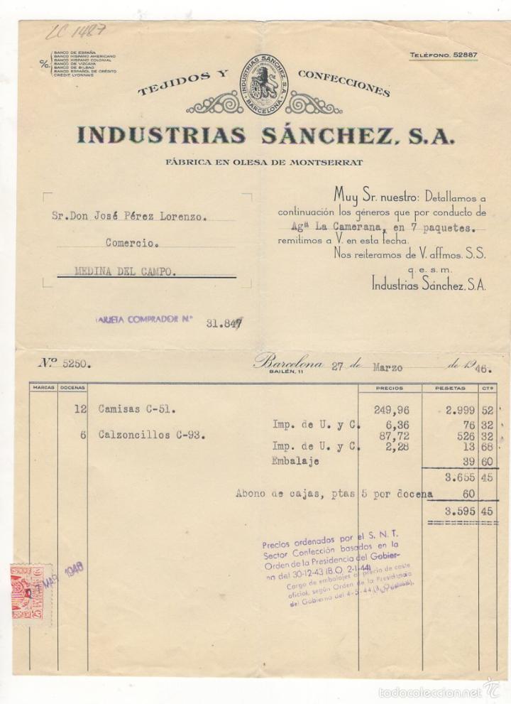 Factures anciennes: FACTURA. INDUSTRIAS SANCHEZ, S.A., TEJIDOS Y CONFECCIONES, BARCELONA, 1945.