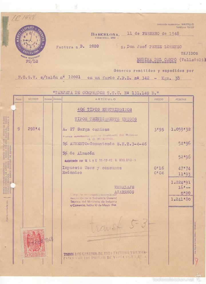 Factures anciennes: FACTURA. MARTI LLOPART Y TRECHS, BARCELONA, 1948.
