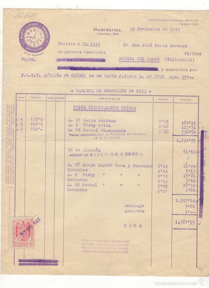 Factures anciennes: FACTURA. MARTI LLOPART Y TRECHS, BARCELONA, 1943.