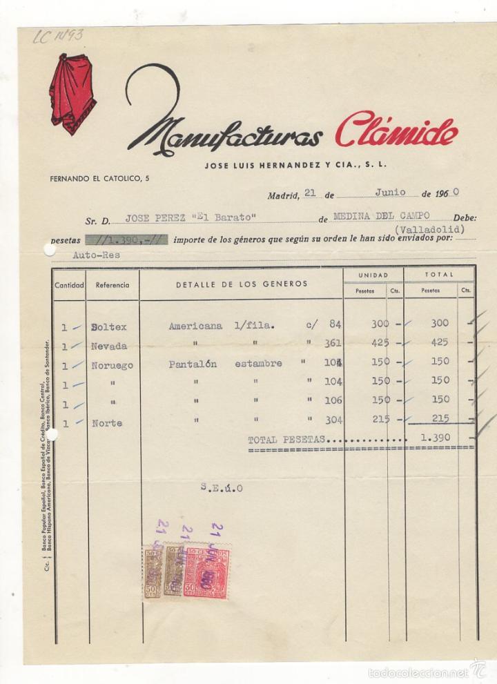 Factures anciennes: FACTURA. MANUFACTURAS CLAMIDE, JOSE LUIS HERNANDEZ Y CIA., S.L., MADRID, 1960.