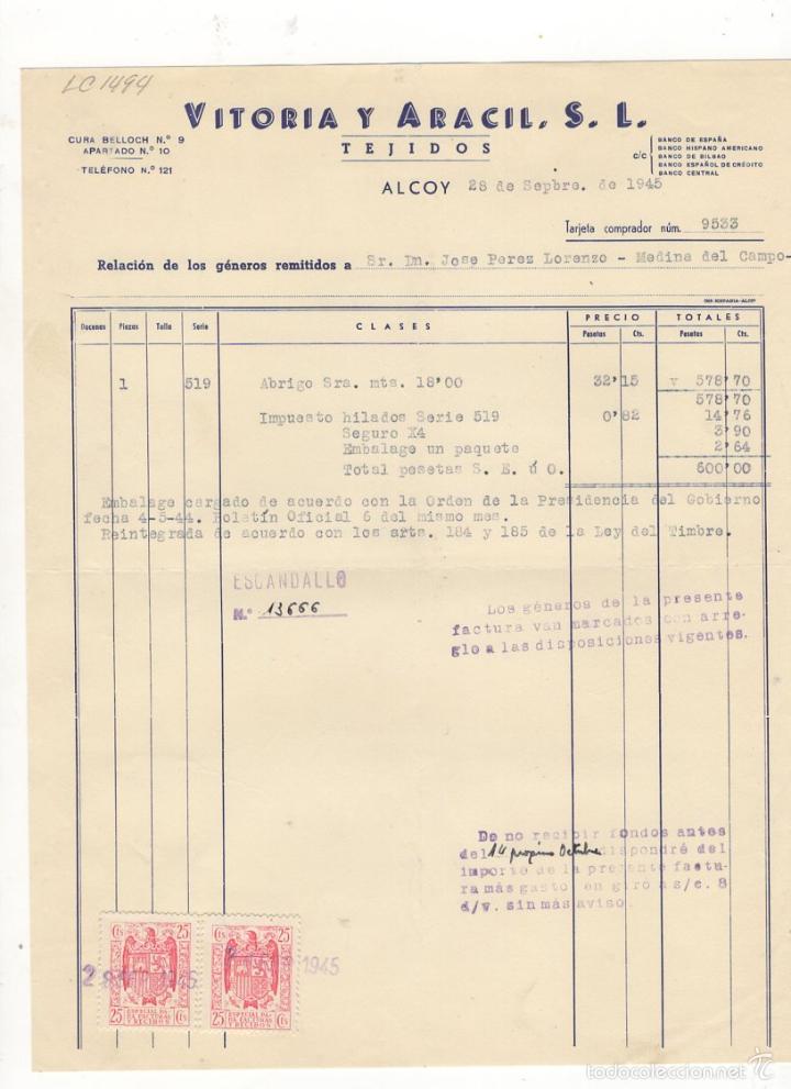 Factures anciennes: FACTURA. VITORIA Y ARACIL, S.L., TEJIDOS, ALCOY, 1945.