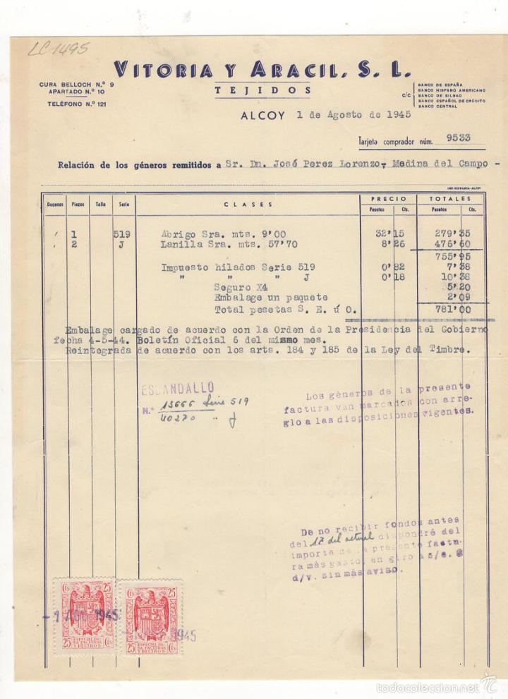 Factures anciennes: FACTURA. VITORIA Y ARACIL, S.L., TEJIDOS, ALCOY, 1945.