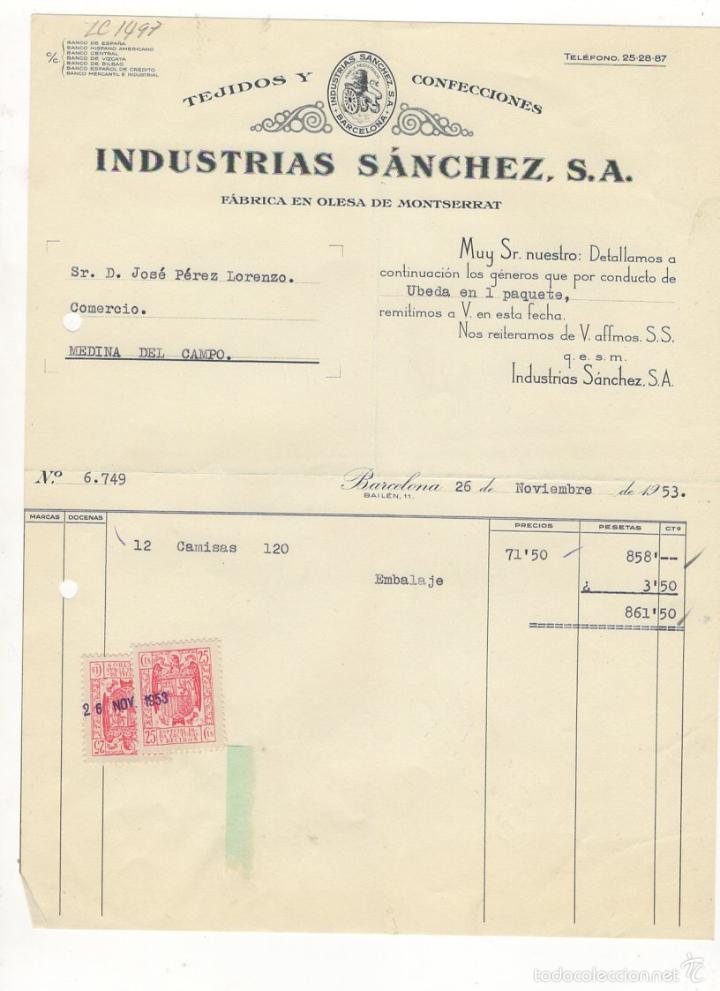 Factures anciennes: FACTURA. ROSENDO MA&Ntilde;AS PELLICER, FABRICA DE TEJIDOS, TINTES , ETC., ZARAGOZA, 1952.