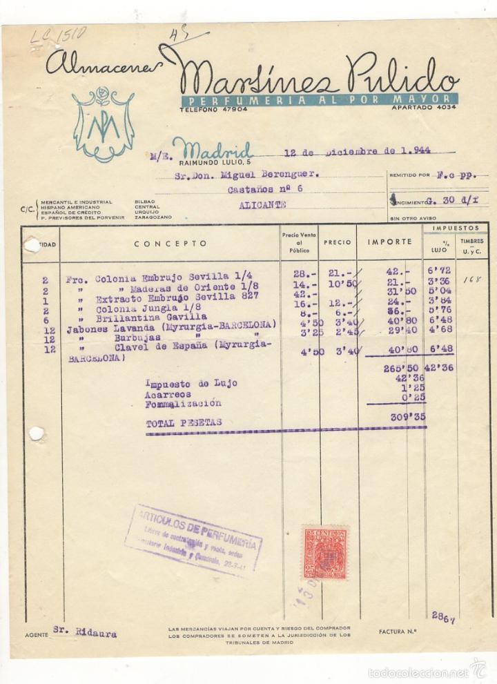 Old Invoices: FACTURA. ALMACENES MARTINEZ PULIDO, PERFUMERIA AL POR MAYOR, MADRID, 1944.