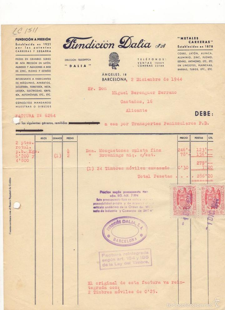 Old Invoices: FACTURA. FUNDICION DALIA, S.A., FUNDICION A PRESION, BARCELONA, 1944.