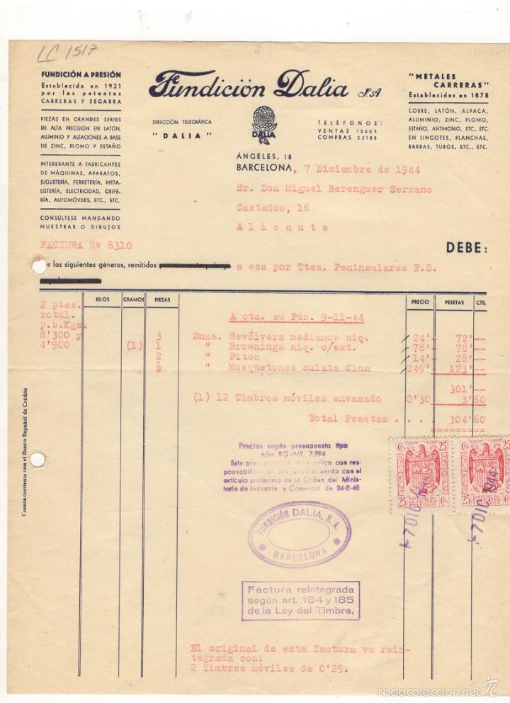 Factures anciennes: FACTURA. FUNDICION DALIA, S.A., FUNDICION A PRESION, BARCELONA, 1944.