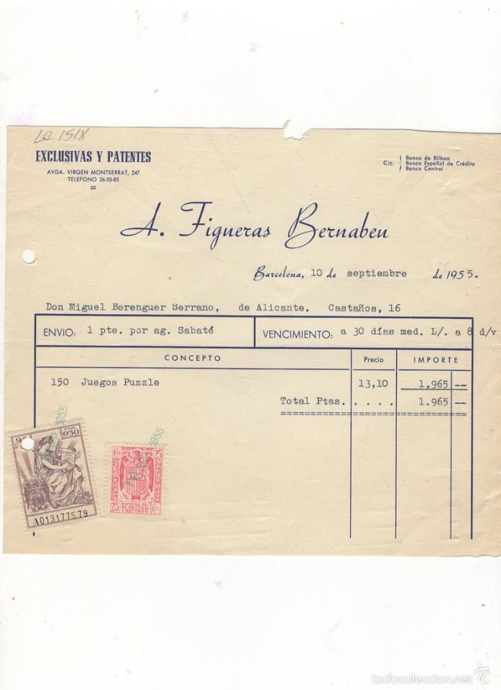 Factures anciennes: FACTURA. A. FIGUERAS BERNABEU, EXCLUSIVAS Y PATENTES, BARCELONA, 1955.