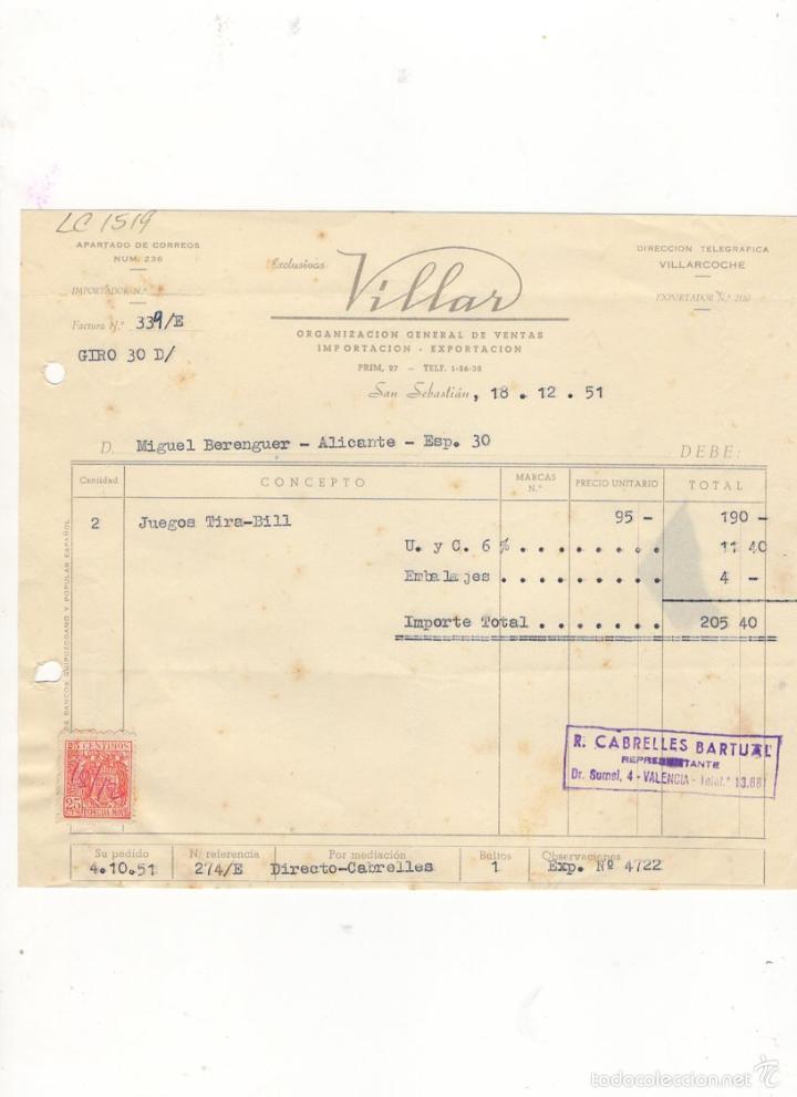 Factures anciennes: FACTURA. EXCLUSIVAS VILLAR, ORGANIZACION DE VENTAS, SAN SEBASTIAN, 1951.