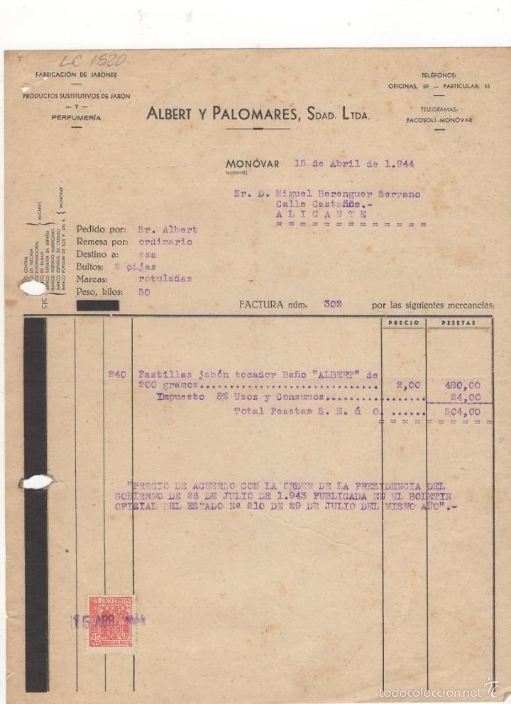 Fatture antiche: FACTURA. ALBERT Y PALOMARES, S.L., FABRICACION DE JABONES Y PERFUMERIA, ALICANTE, 1944.