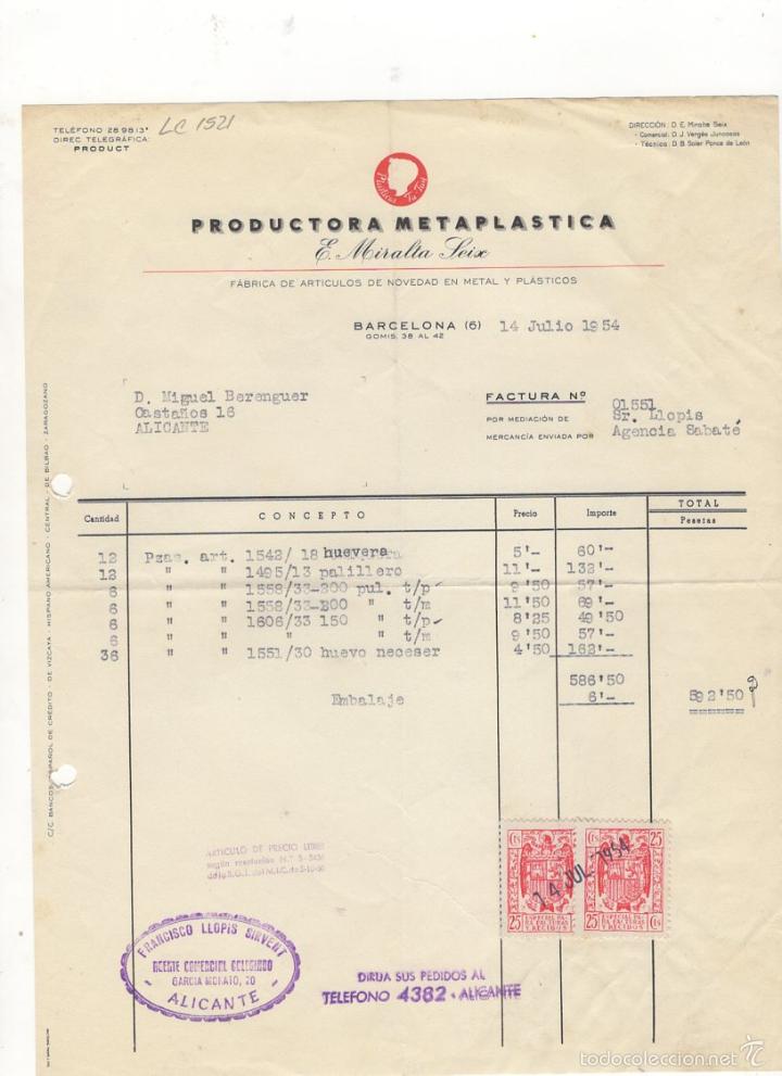 Factures anciennes: FACTURA. E, MIRALTA LEIX, PRODUCTORA METAPLASTICA, ARTICULOS VARIOS, BARCELONA, 1954.