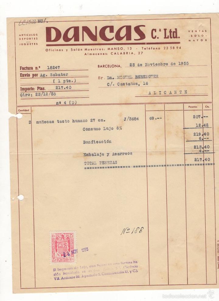Factures anciennes: FACTURA. DANCAS, COMPA&Ntilde;IA LTD., ARTICULOS DE DEPORTES Y JUGUETERIA, BARCELONA, 1955.