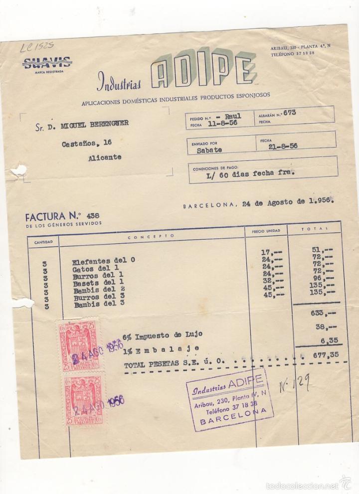 Factures anciennes: FACTURA. INDUSTRIAS ADIPE, APLICACIONES DOMESTICAS DE PRODUCTOS ESPONJOSOS,ALICANTE,1956