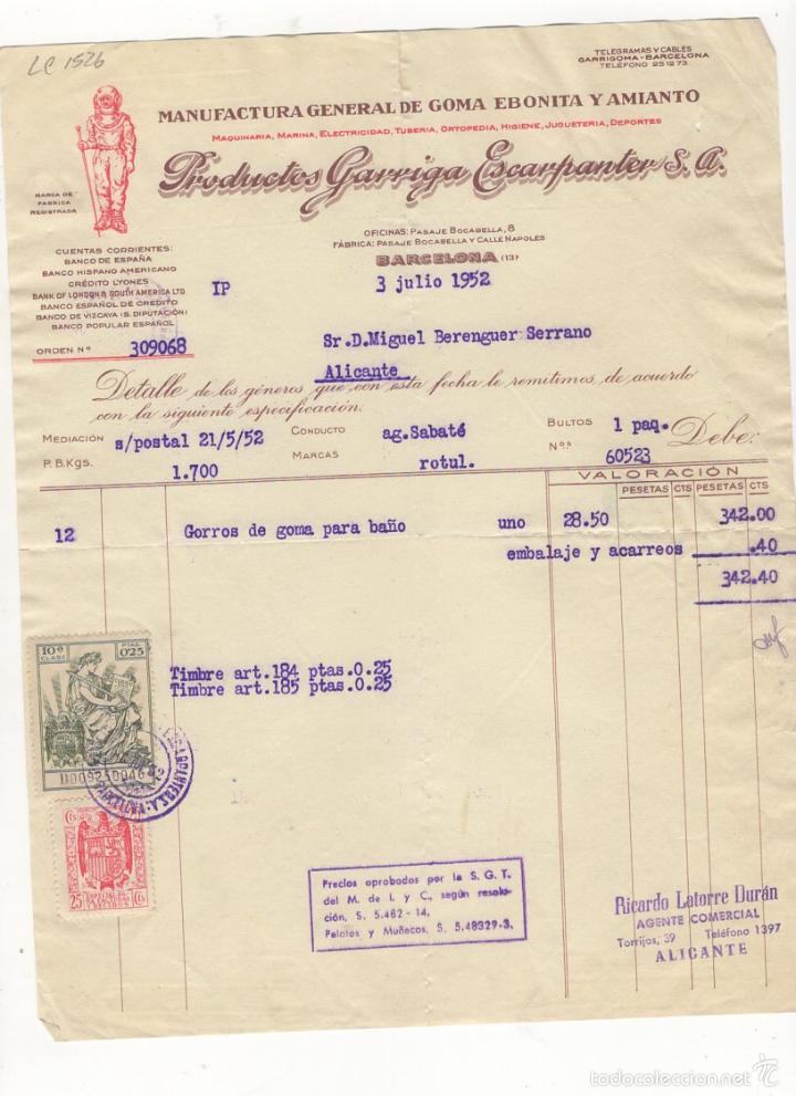 Factures anciennes: FACTURA. MANUFACTURA GRAL. DE GOMA EBONITA Y AMIANTO, BARCELONA, 1952.