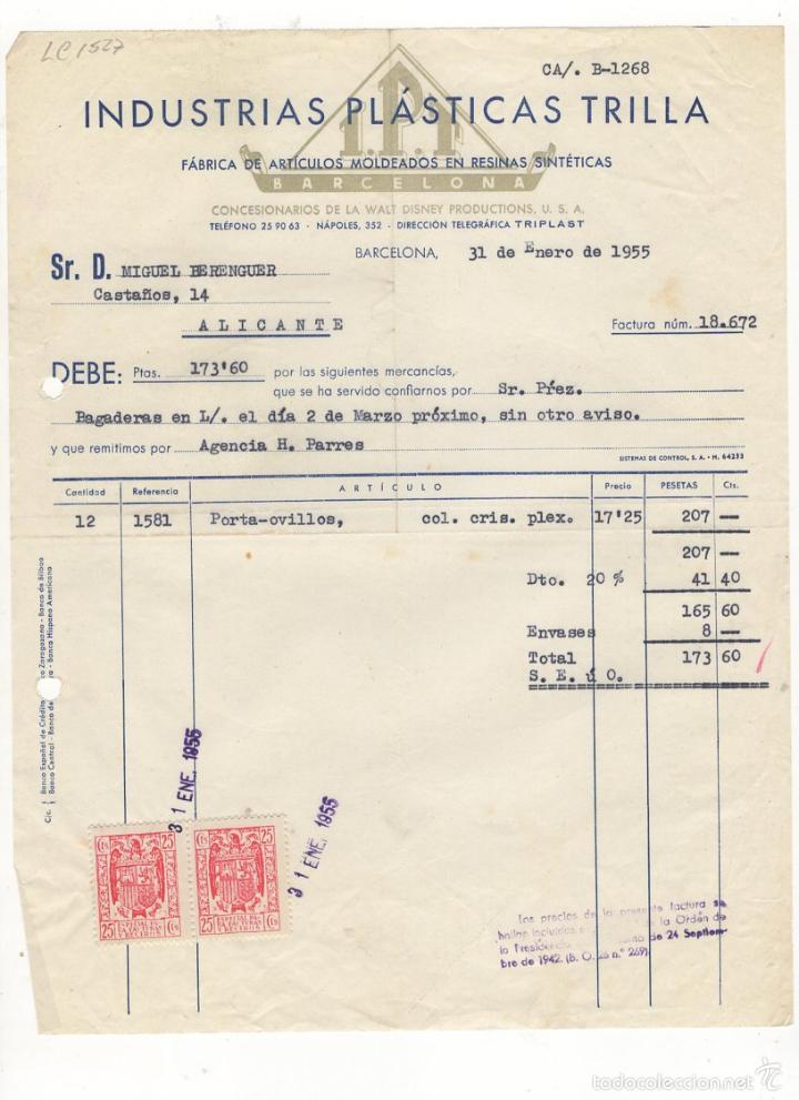 Factures anciennes: FACTURA. INDUSTRIAS PLASTICAS TRILLA, RESINA SINTETICA, BARCELONA, 1955.