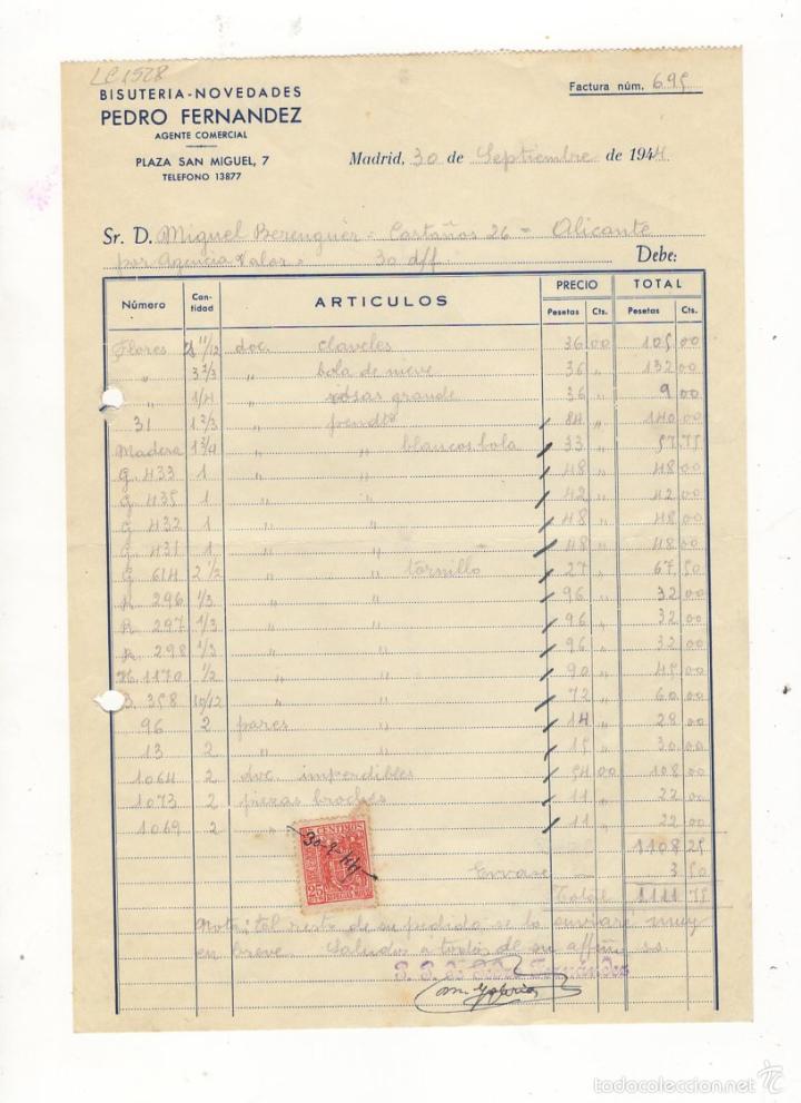 Factures anciennes: FACTURA. PEDRO FERNANDEZ, AGENTE COMERCIAL, BISUTERIA Y NOVEDADES, MADRID, 1944.