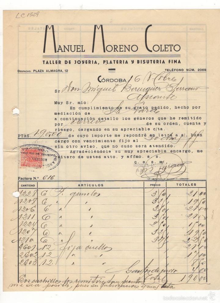 Factures anciennes: FACTURA. MANUEL MORENO COLETO, TALLER DE JOYERIA Y PLATERIA, CORDOBA, 1919.