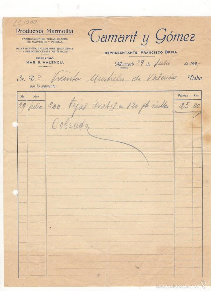 Factures anciennes: FACTURA. TAMARIT Y GOMEZ, PRODUCTOS MARMOLITA, VALENCIA, 1925.