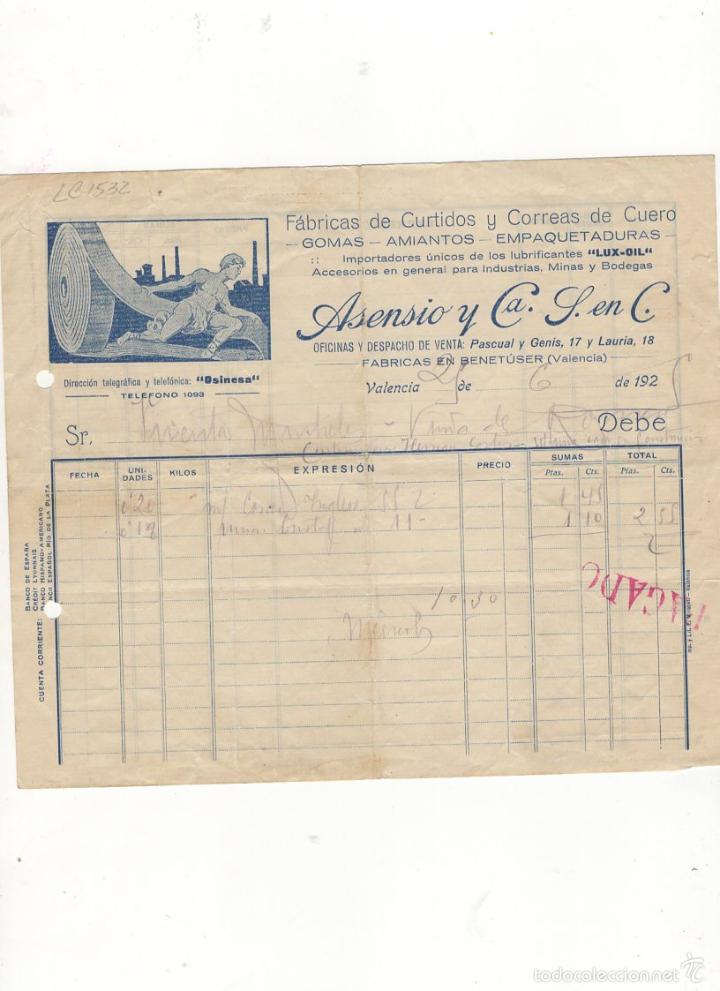 Factures anciennes: FACTURA. ASENSIO Y COMPA&Ntilde;IA, S. EN C., FABRICA DE CURTIDOS Y CUERO, VALENCIA, 1925.