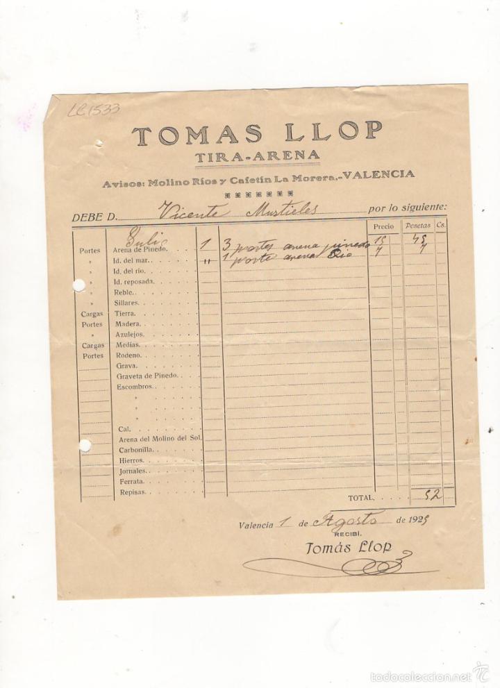 Factures anciennes: FACTURA. TOMAS LLOP, TIRA - ARENA, VALENCIA, 1929.