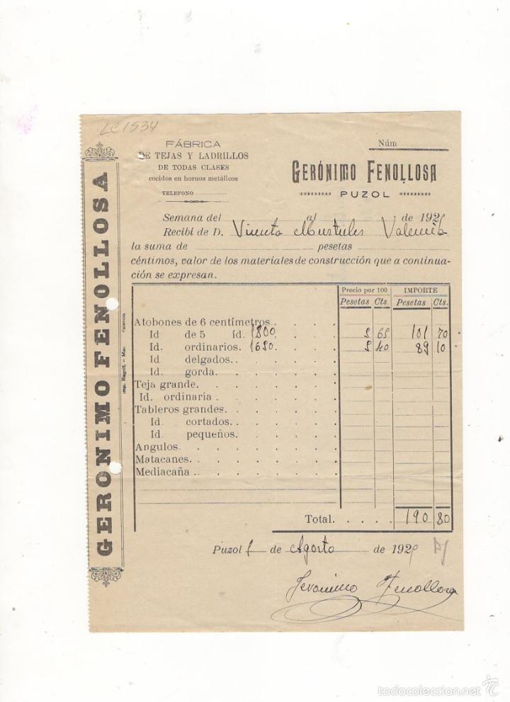 Factures anciennes: FACTURA. GERONIMO FENOLLOSA, FABRICA DE TEJAS Y LADRILLOS, PUZOL, 1929.