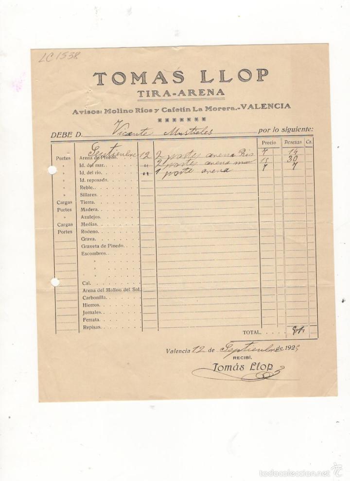 Factures anciennes: FACTURA. TOMAS LLOP, TIRA - ARENA, VALENCIA, 1929.