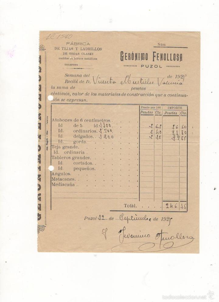 Factures anciennes: FACTURA. GERONIMO FENOLLOSA, FABRICA DE TEJAS Y LADRILLOS, PUZOL, 1929.