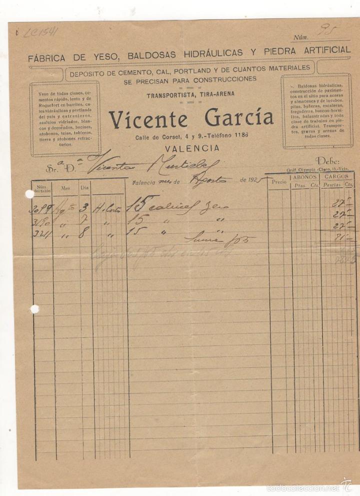 Factures anciennes: FACTURA. VICENTE GARCIA, FABRICA DE YESO, BALDOSAS HIDRAULICAS, ETC., VALENCIA, 1925.