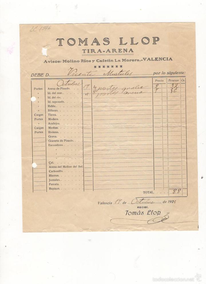 Factures anciennes: FACTURA. TOMAS LLOP, TIRA - ARENA, VALENCIA, 1929.