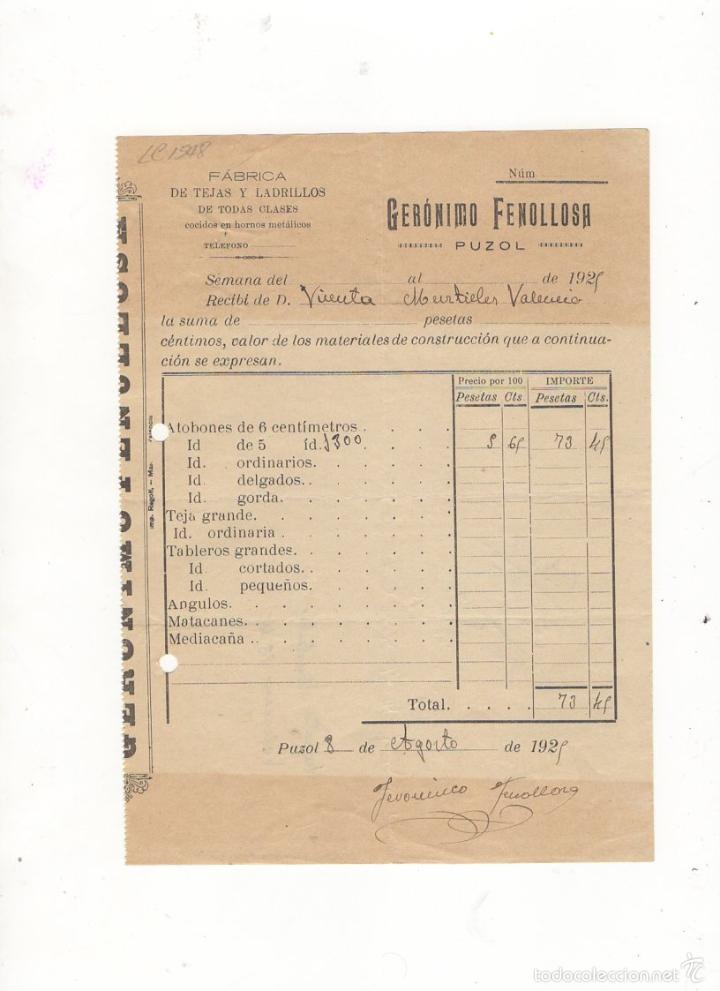 Factures anciennes: FACTURA. GERONIMO FENOLLOSA, FABRICA DE TEJAS Y LADRILLOS, PUZOL, 1929.