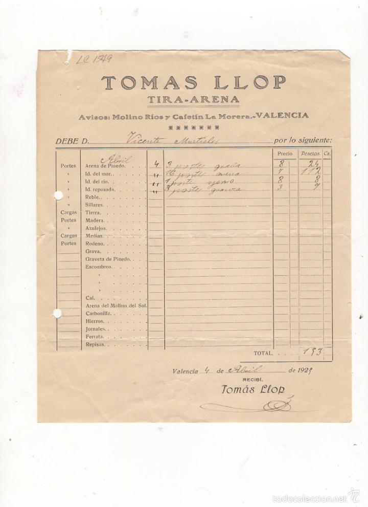 Factures anciennes: FACTURA. TOMAS LLOP, TIRA - ARENA, VALENCIA, 1929.