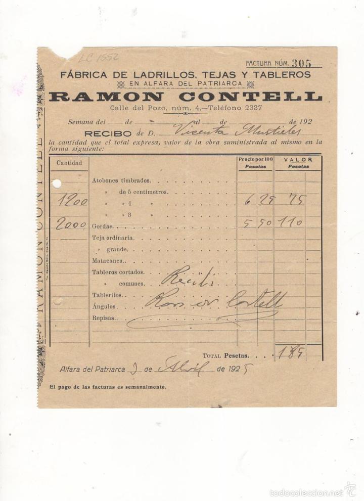 Factures anciennes: FACTURA. RAMON CONTELL, LADRILLOS, TEJAS Y TABLEROS, ALFARA DEL PATRIARCA, 1925.