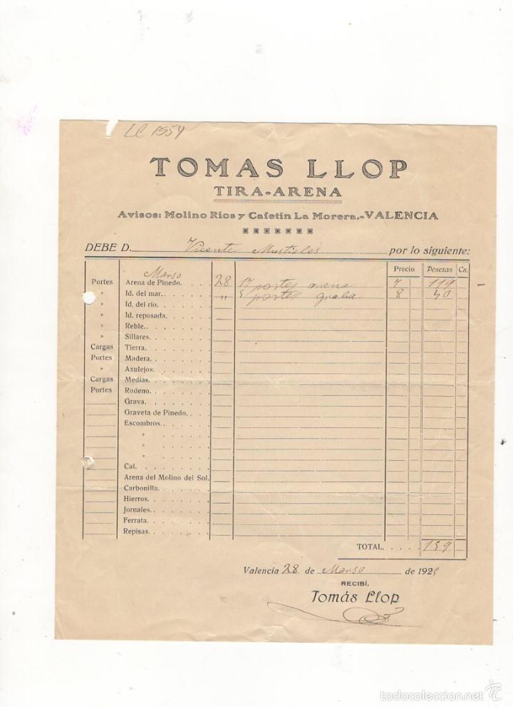 Factures anciennes: FACTURA. TOMAS LLOP, TIRA - ARENA, VALENCIA, 1929.