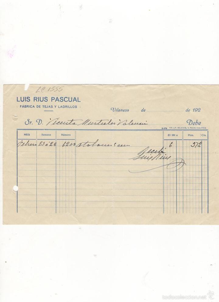 Factures anciennes: FACTURA. LUIS RIUS PASCUAL, FABRICA DE TEJAS Y LADRILLOS, VILANESA, 1920.