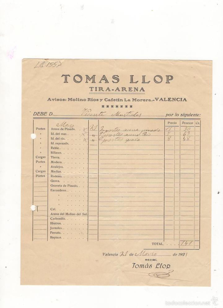 Factures anciennes: FACTURA. TOMAS LLOP, TIRA - ARENA, VALENCIA, 1929.