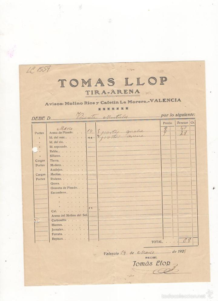 Factures anciennes: FACTURA. TOMAS LLOP, TIRA - ARENA, VALENCIA, 1929.