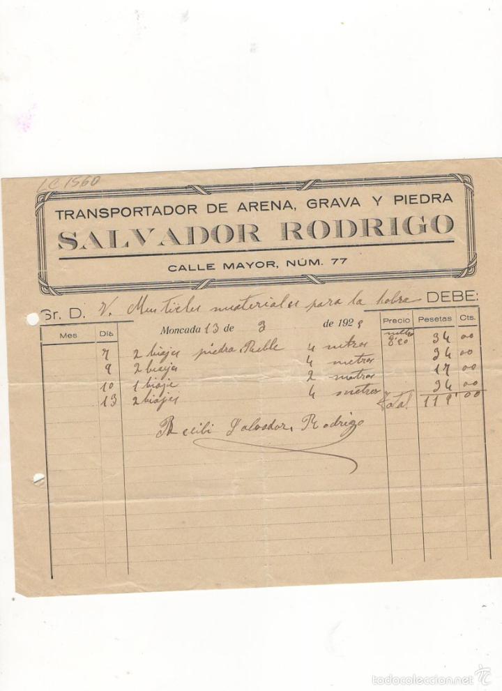 Factures anciennes: FACTURA. SALVADOR RODRIGO, TRASPORTADOR DE ARENA, GRAVA Y PIEDRA, MONCADA, 1928.