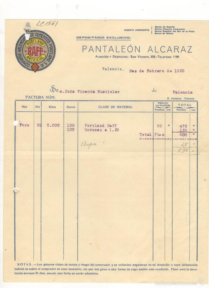 Factures anciennes: FACTURA. PANTALEON ALCARAZ, DEPOSITARIO EXCLUSIVO, VALENCIA, 1925.