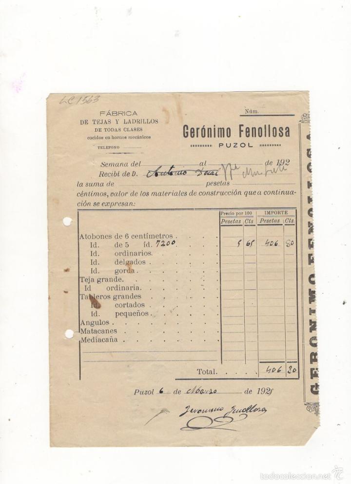 Factures anciennes: FACTURA. GERONIMO FENOLLOSA, FABRICA DE TEJAS Y LADRILLOS, PUZOL, 1929.