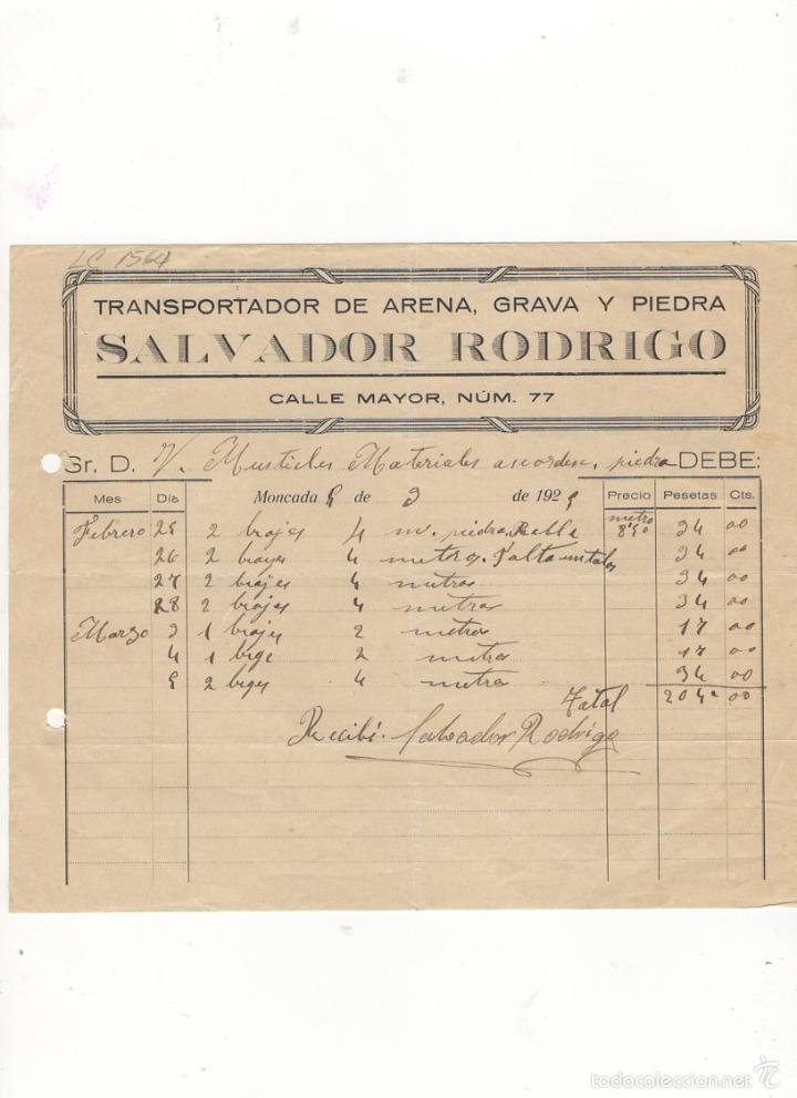 Factures anciennes: FACTURA. SALVADOR RODRIGO, TRASPORTADOR DE ARENA, GRAVA Y PIEDRA, MONCADA, 1928.