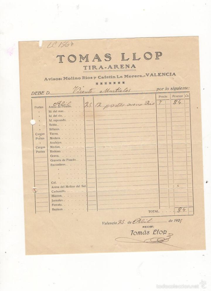Factures anciennes: FACTURA. TOMAS LLOP, TIRA - ARENA, VALENCIA, 1929.