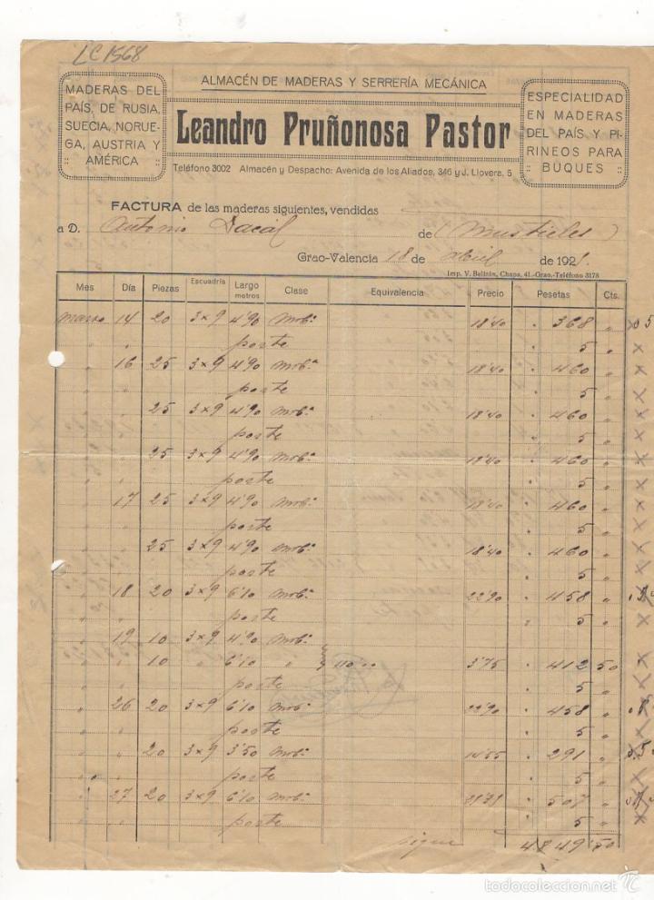 Factures anciennes: FACTURA. LEANDRO PRU&Ntilde;ONOSA PASTOR, ALMACEN DE MADERAS Y SERRERIA, VALENCIA, 1921.