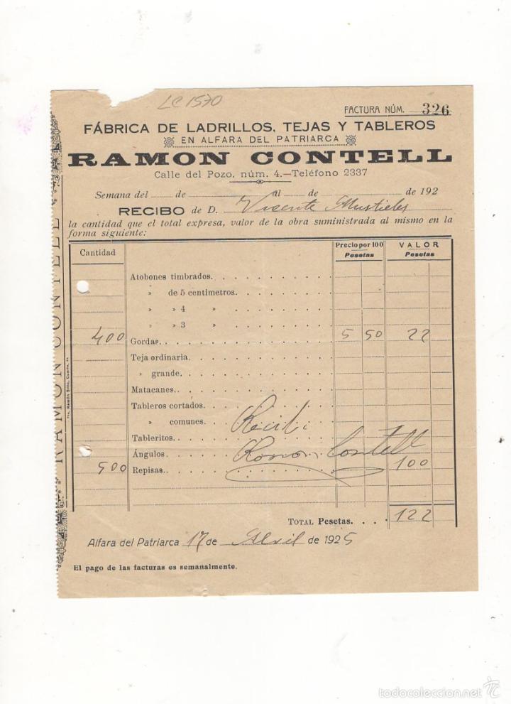 Factures anciennes: FACTURA. RAMON CONTELL, LADRILLOS, TEJAS Y TABLEROS, ALFARA DEL PATRIARCA, 1925.