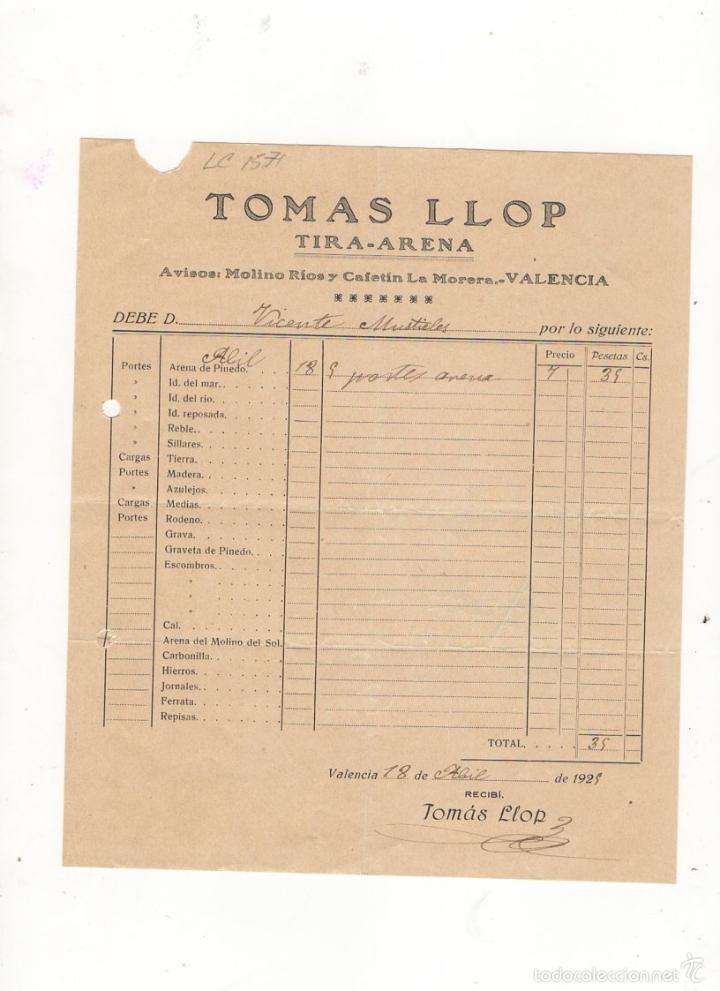Factures anciennes: FACTURA. TOMAS LLOP, TIRA - ARENA, VALENCIA, 1929.