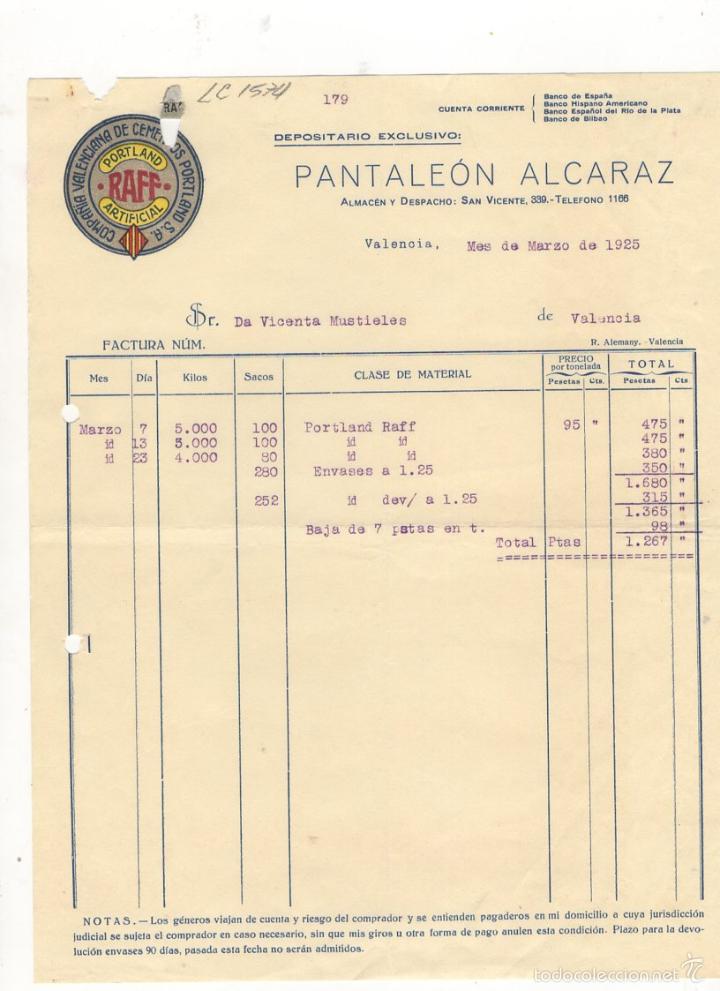 Factures anciennes: FACTURA. PANTALEON ALCARAZ, DEPOSITARIO EXCLUSIVO, VALENCIA, 1925.
