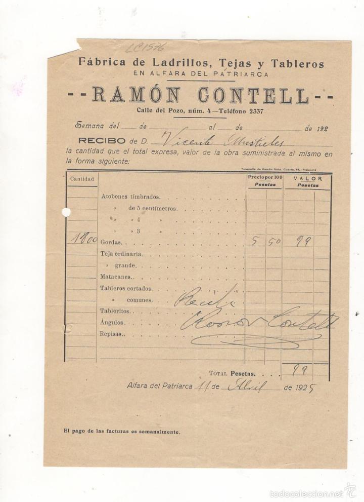 Factures anciennes: FACTURA. RAMON CONTELL, LADRILLOS, TEJAS Y TABLEROS, ALFARA DEL PATRIARCA, 1925.